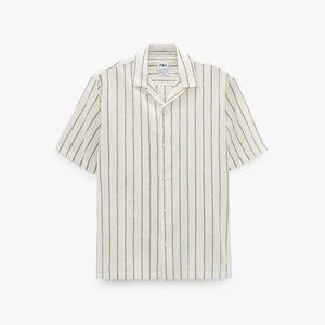 Zara Striped Ecru Textured Open Collar Short Sleeve Shirt size XL